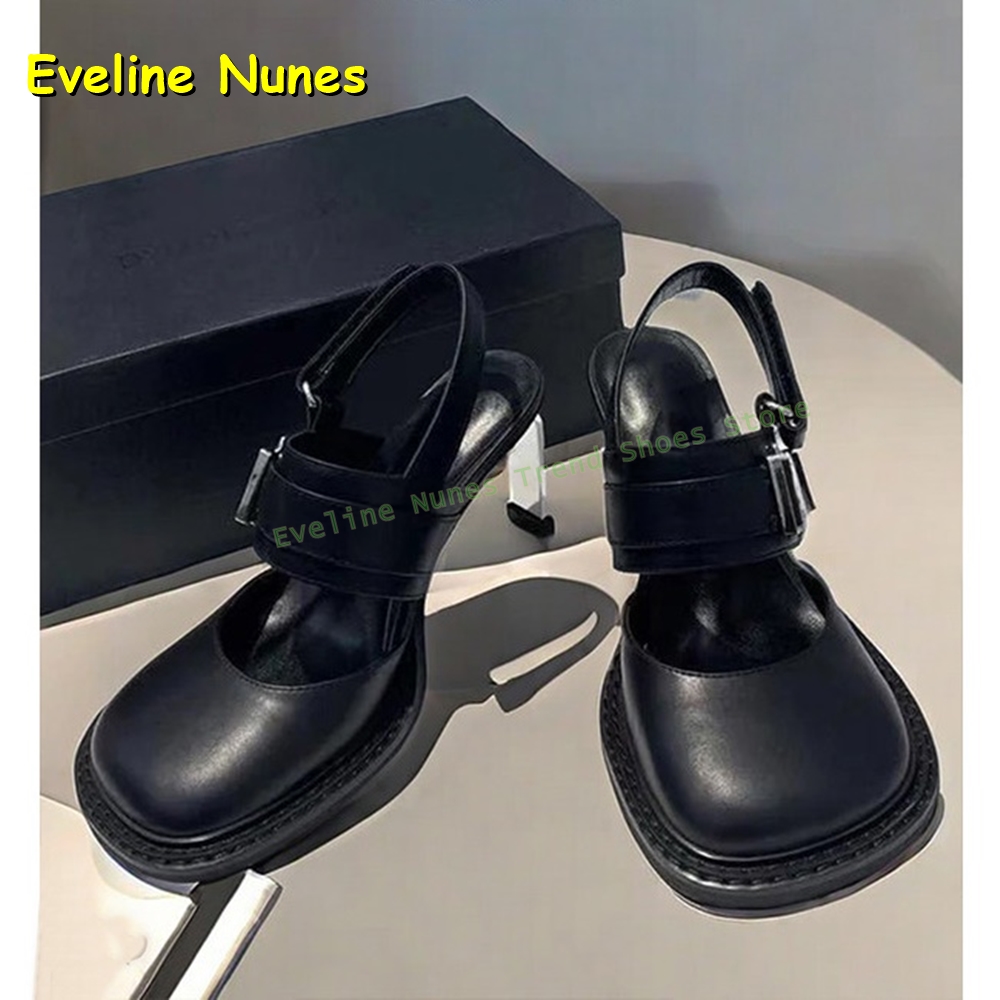 Boots - Women's Black Square Toe Buckle Slingback